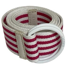 Vintage LACOSTE White and Dark Pink Stripe Web Belt D-Ring Closure Preppy Luxury
